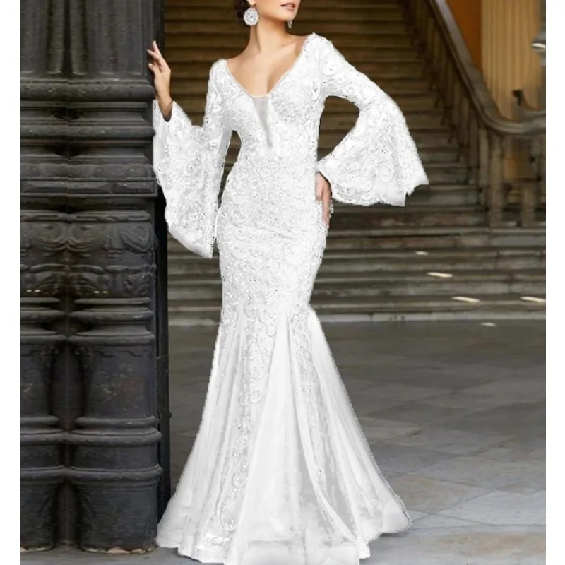 ชุดเดรสยาวออกงานแต่งงาน แขนยาวทรงบาน คอวี เซ็กซี่ สำหรับผู้หญิง ปี 2025  ชุดราตรีหรูหราสำหรับงานกลางคืน งานพรอม ชุดเดรสยาวแม็กซี่