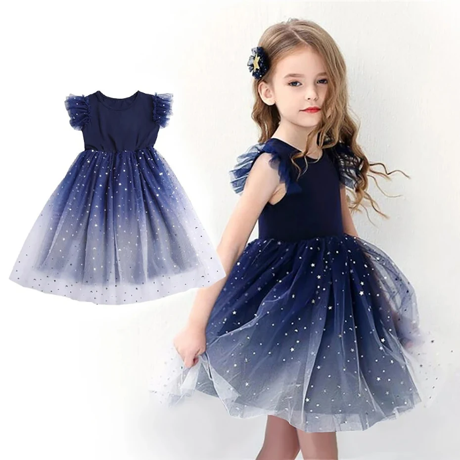 Summer Girl Dress Princess Star Sleeveless Tulle Tutu Dress for 4-8Y Kids Birthday Party Shaggy Dress Child Clothes