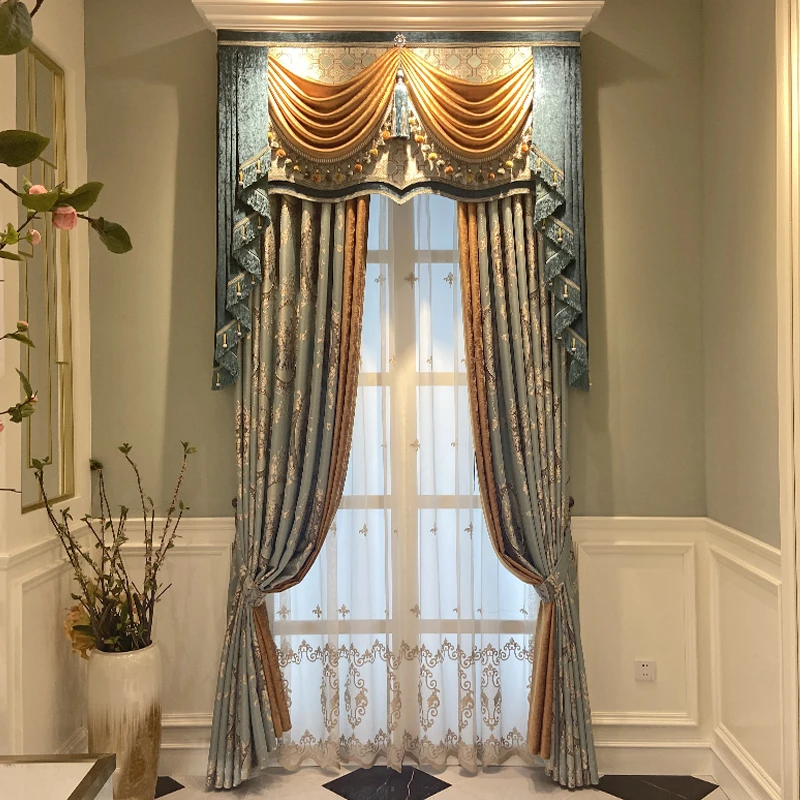 Custom European high precision jacquard bedroom villa high window blue cloth valance blackout curtain tulle drape C2014