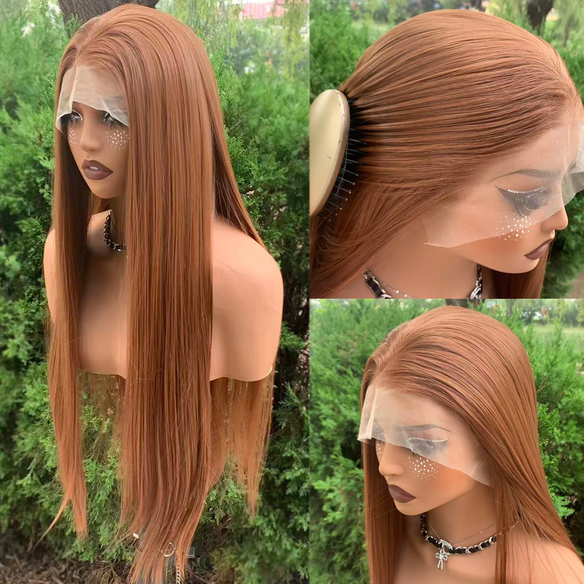 ブラウンカラーロングストレート合成13×4レースフロントウィッグ-女性用-26インチ-コスプレ-耐熱-ハーフハンドタイド-グルーレスウィッグ