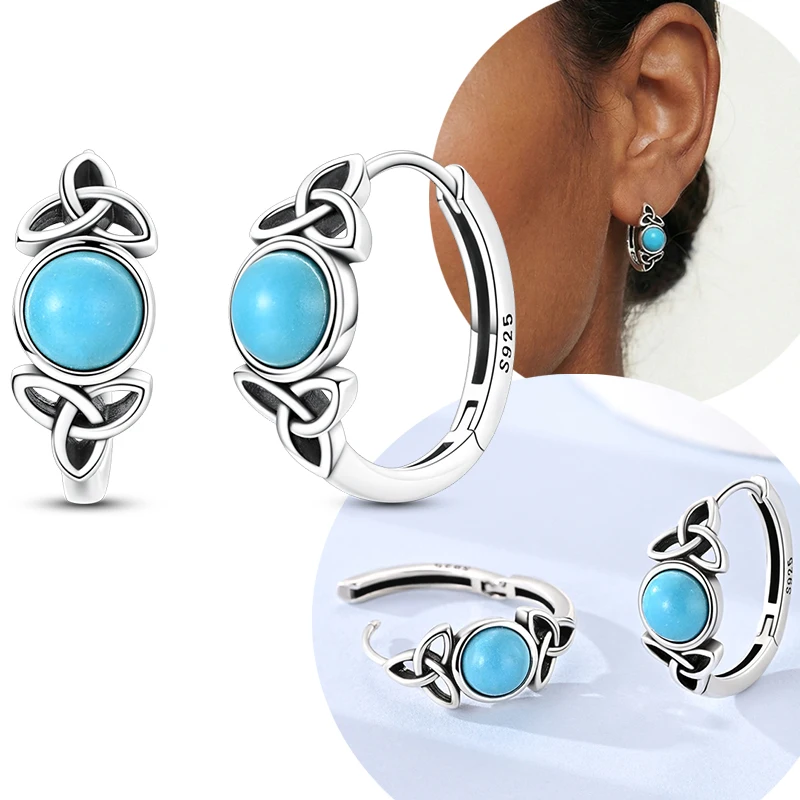 Original 925 Sterling Silver Unique Design Celtic Knot Blue Turquoise Hoop Earrings For Women Jewelry Gift