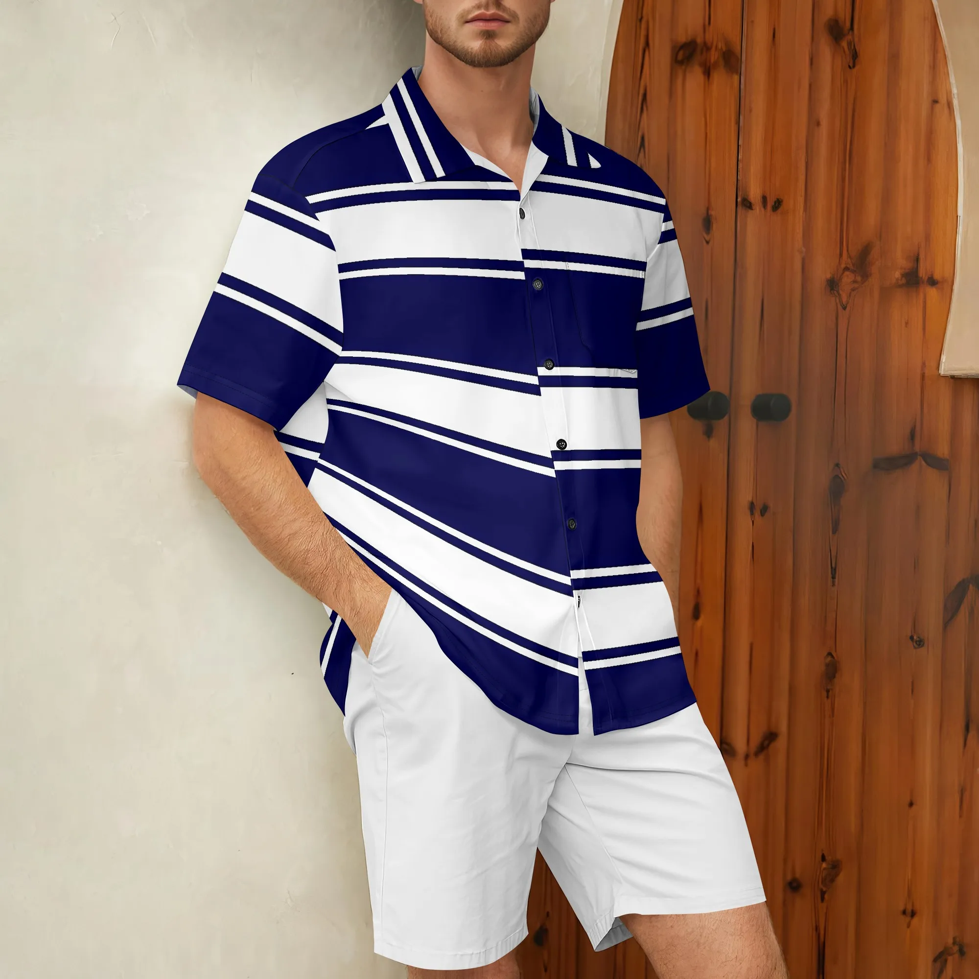 

YEAE Navy Stripe Print Shirt for Men Summer Casual Short Sleeve Top