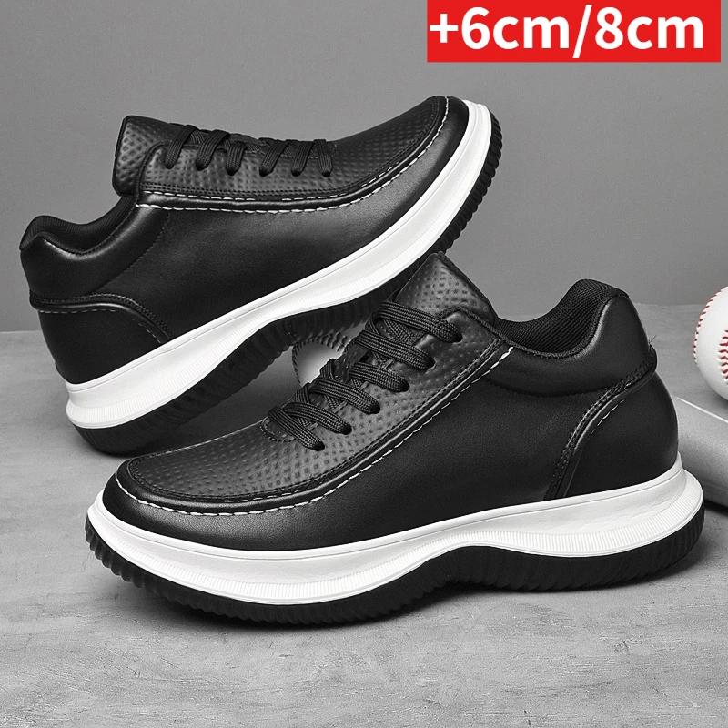 

White Leather Sneakers with Thick Soles Men Shoes Outdoor Men Formal Shoes Invisible Inner Height Increasing Men's Shoes 6/8 CM