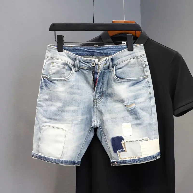 Summer Casual Denim Knee Length Jeans Shorts Men Solid Vintage Washed Cowboy Streetwear Patchwork Fashion Skinny Cropped Pants