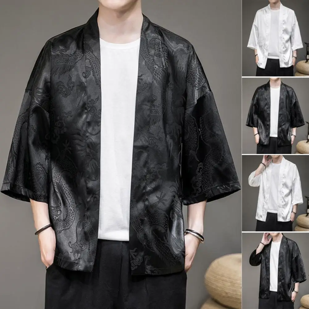 

Japanese Kimono Shirts Men's Cardigan Fashion Harajuku Summer Streetwear Silk Dragon Embroidery Casual Outer Clothes