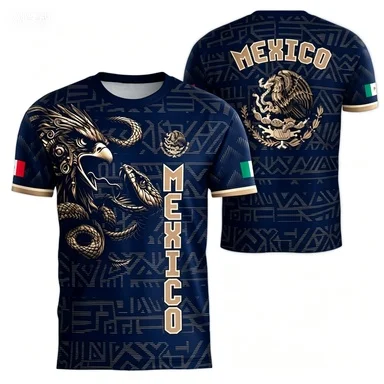 Mexico Theme Short-sleeve T-shirt with Eagle Snake Totem Front Eagle Emblem Back National Flag Side Print