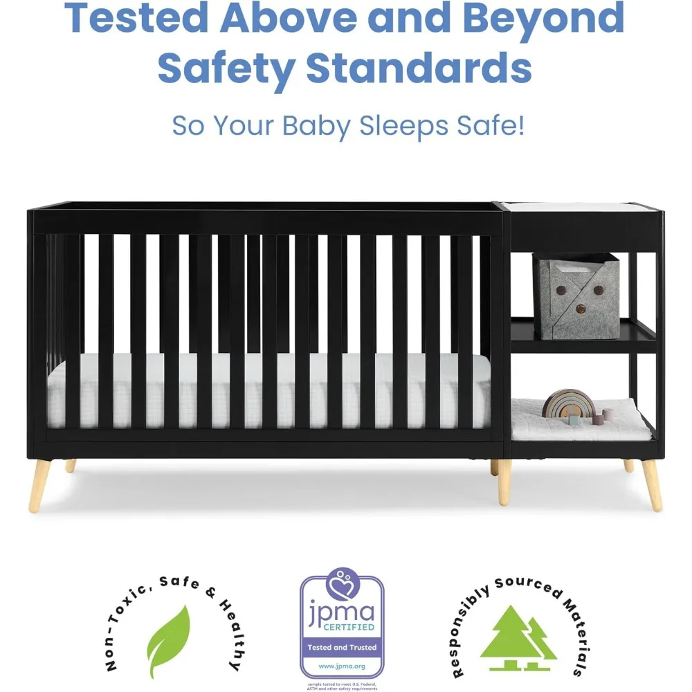 سرير Delta Children Essex 4 في 1 قابل للتحويل مع مبدل، لمسة نهائية من خشب الأبنوس الأسود ومقابض طبيعية