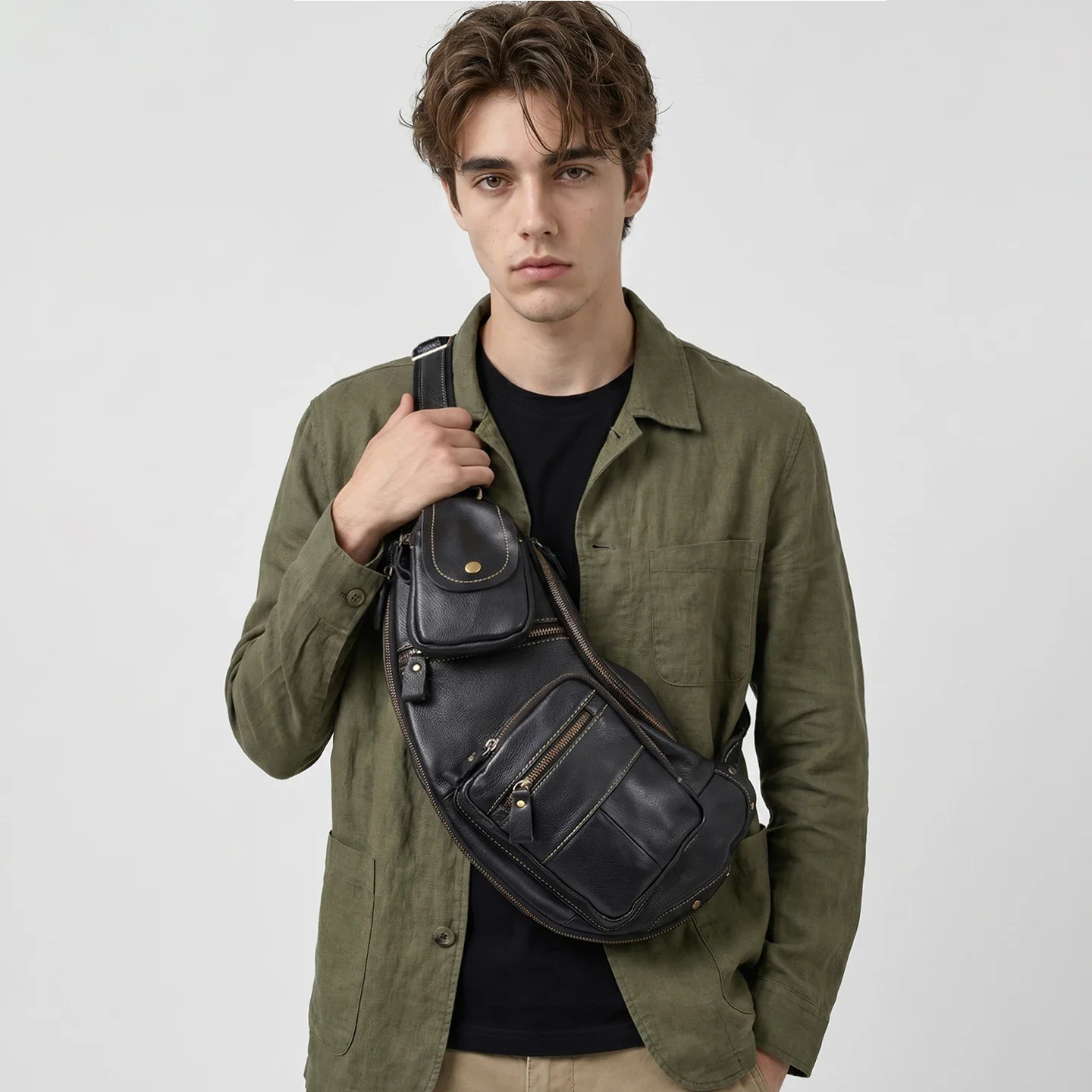 Vintage Genuine Cowhide Leather Sling Chest Bag Multifunctional Cycling Crossbody Bag Portable Business Travel Front Chest Pack