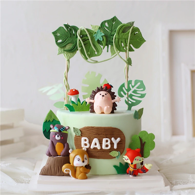 

Fox Hedgehog Animals Cake Topper Birthday Cakes Baking Jungle Safari Happy Birthday Party Decor Baby Shower Dessert Decoratin