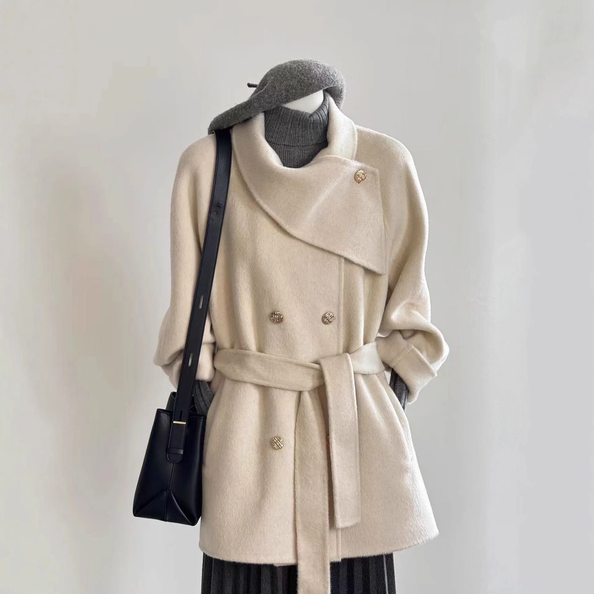 SuperAen Autumn and Winter 2025 New Korean Style Mid-length Woolen Coat for Women Double Breasted Lace-up Jackets