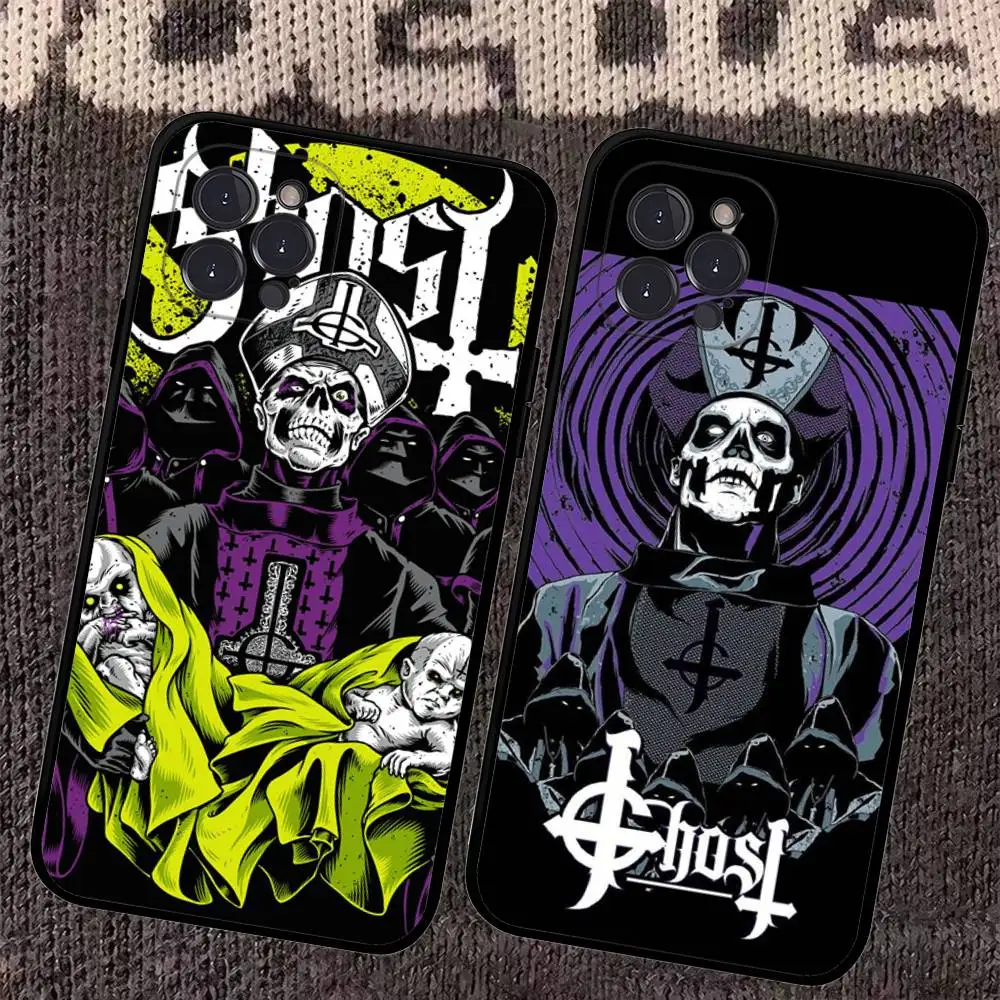 Clássico banda de metal g-ghost caso de telefone para iphone 16 15 14 13 12 11 17 pro max simplicidade volta tpu caso macio