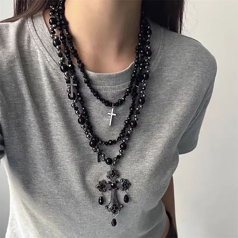 

Dark Gothic Punk Y2K Heavy Black Multi-Layer Double-Layer Necklace Beads Choker Cross Vintage Jewelry Accessories For Women Men