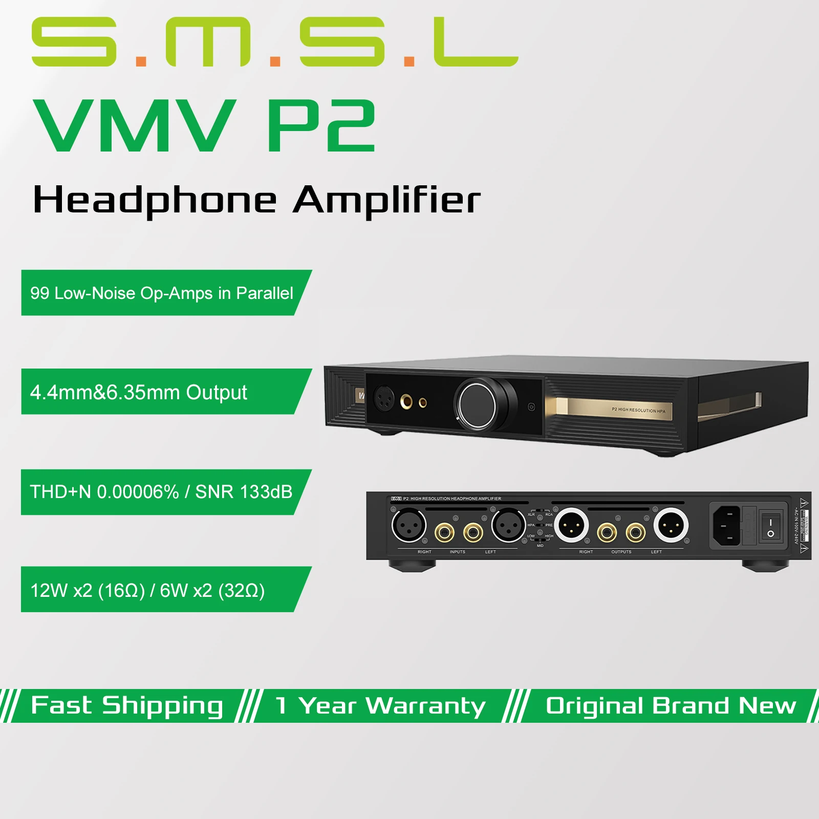 SMSL VMV P2 Hi-Res Headphone Amplifier PLFC Circuit 99 Low-Noise Op-Amp RCA XLR 12W/16ΩO Output 3-Step Gain Control Preamplifier