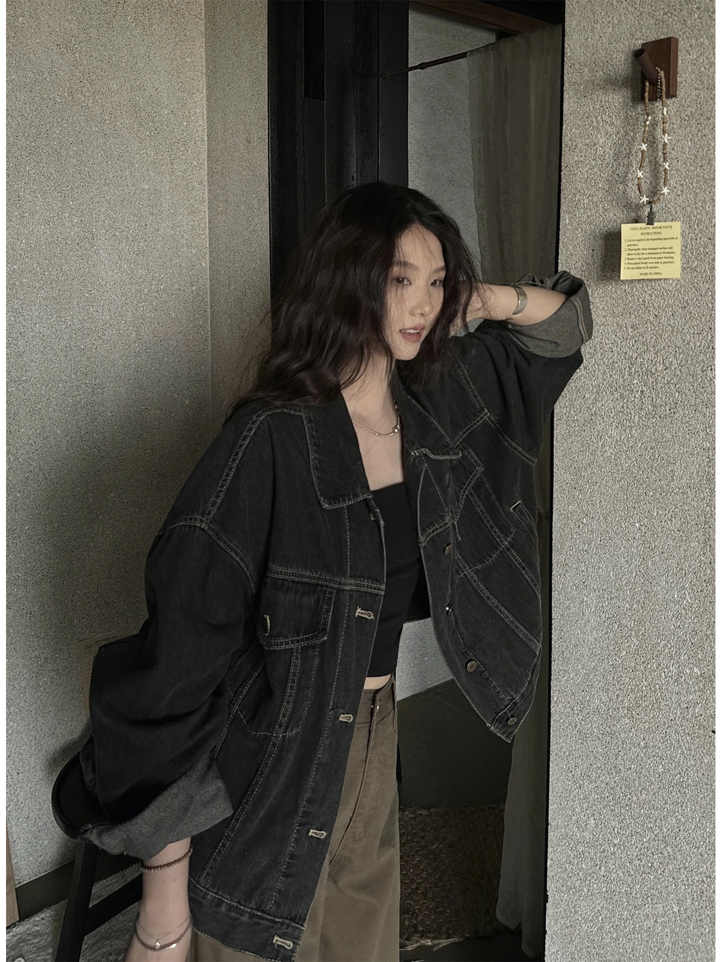 

JMWOMEN Vintage Loose Fit Women's Denim Jaet A Bla Turn-down Collar Versatile Lazy Sle Casual Cotton Polyester Blend