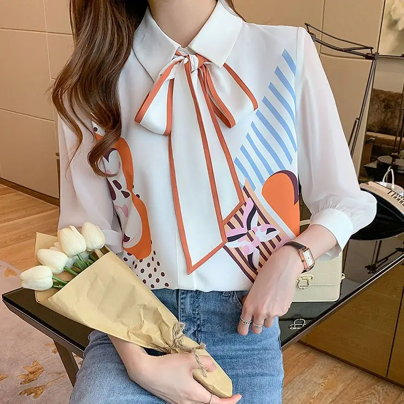 High-end Three-quarter Sleeves Lace-up Chiffon Shirt for Women\'s Spring Summer New Temperament Elegant Professional Female Top