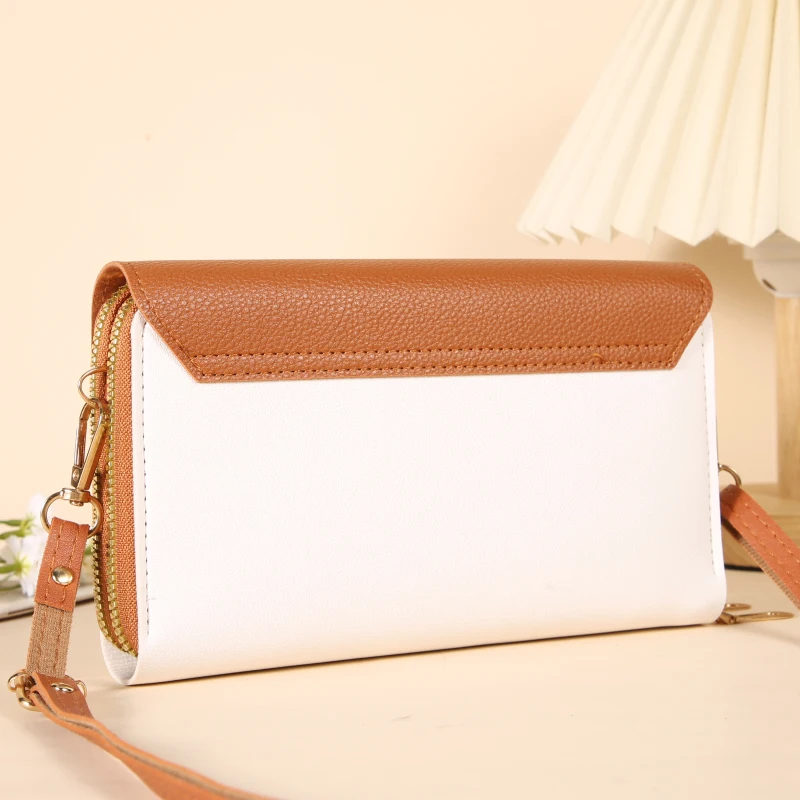Women Color‑Block Long Wallet Crossbody Purse Magnetic Snap PVC Clutch Bag Detachable Shoulder Strap Phone Card Holder