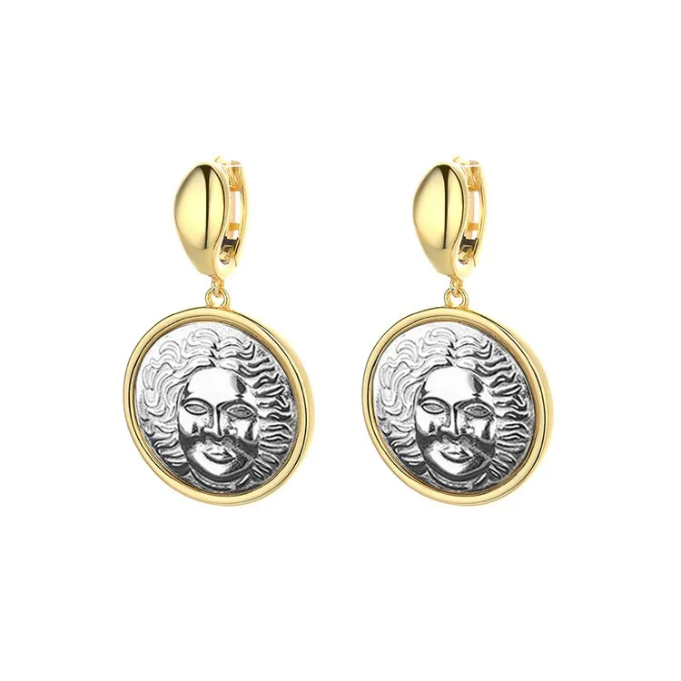 

E9 ZFSILVER S925 Silver Fashion Trendy Gold Retro Relief Sun Figure Ancient Coins Earrings Jewelry Women Match-all Gifts Girls