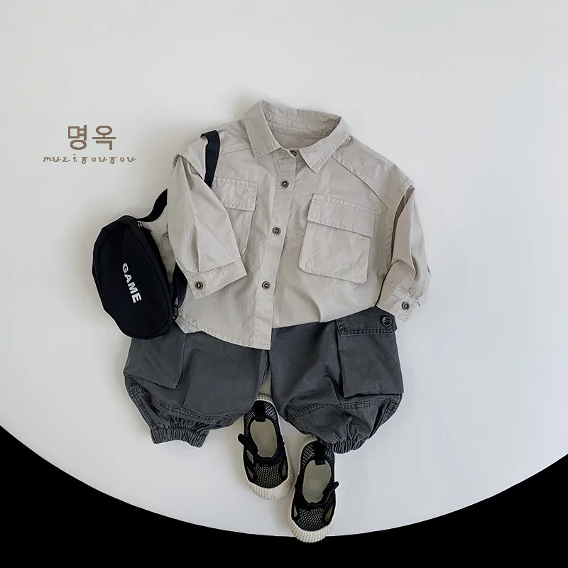 2024 Autumn New Children Long Sleeve Lapel Shirts Boys Girls Solid Casual Shirts Coat Cotton Kids Toddler Versatile Pocket Tops