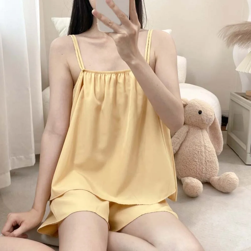 

Cute Solid Color Sleeveless Pajamas Women Thin Loose Camisole Shorts Nightwear Sweet Homewear Sleepwear Set Sleepwear