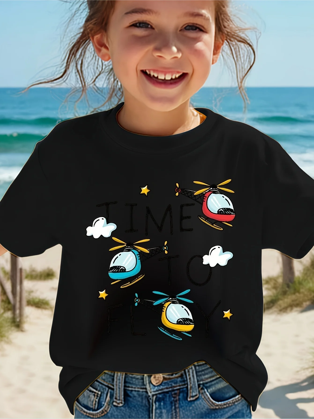 Kids Helicopter Time To Fly Graphic Tee Boys Girls Aircraft Cloud Star Print Short Sleeve Family Match Soft Cotton Casual Outfit