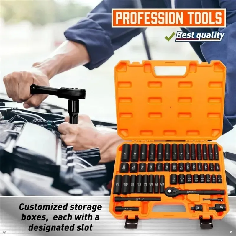 50Pcs Metric with Adapters Standard Ratchet Handle 8-22mm SAE 5/16-Inch To 3/4-Inch CR-V 3/8