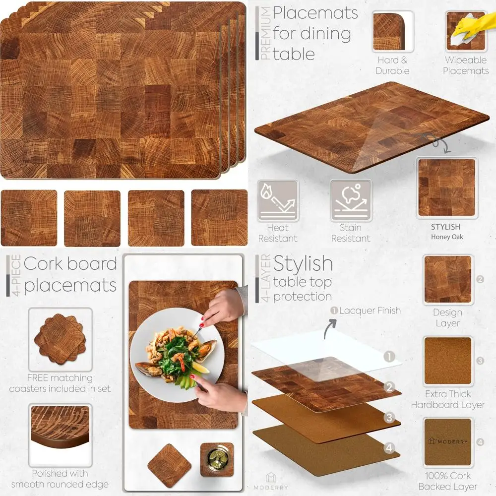 

Heat Resistant Marble-Inspired Cork Placemats Set of 4 with Matching Coasters, 16x12 Inches for Dining Tables