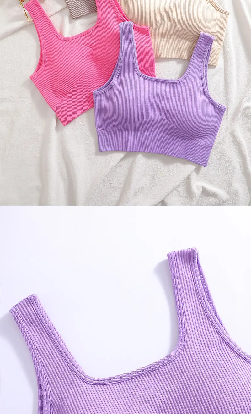 Nahtloses geripptes Crop-Tanktop für Damen, gepolsterter BH, quadratischer Ausschnitt, ärmellose Sportweste, hohe Dehnbarkeit, weich, atmungsaktiv, Fitness-Yoga-Top – Detail 12
