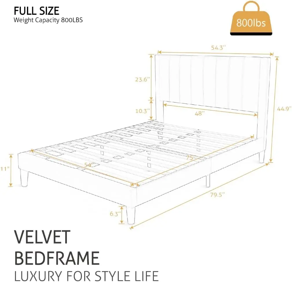 Full Bed Frame/Velvet Upholstered Platform Bed Frame with Headboard/Strong Wood Slats Support/Mattress Foundation/No