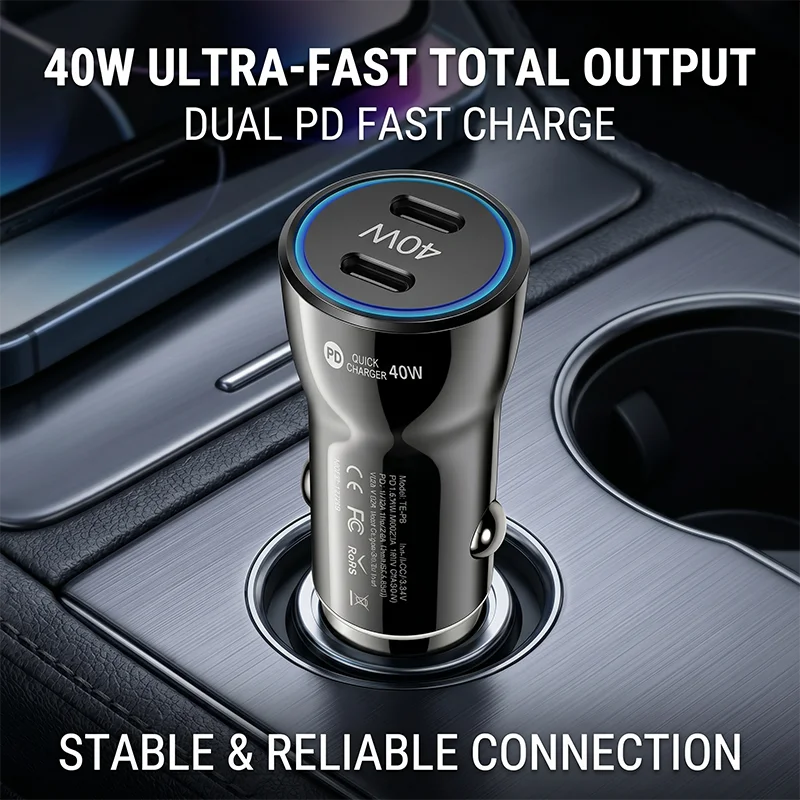 40W Dual Type C PD Car Charger Adapter Fast Charging With Anti Drop Shell And Over Current Protection For Phones Tablets