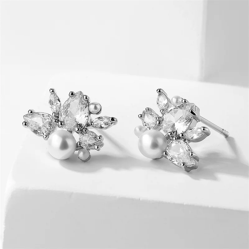 ZAKOL Elegant White Imitation Pearls Flower Stud Earrings for Women Shiny Water Drop Zirconia Bridal Earring Wedding Jewelry