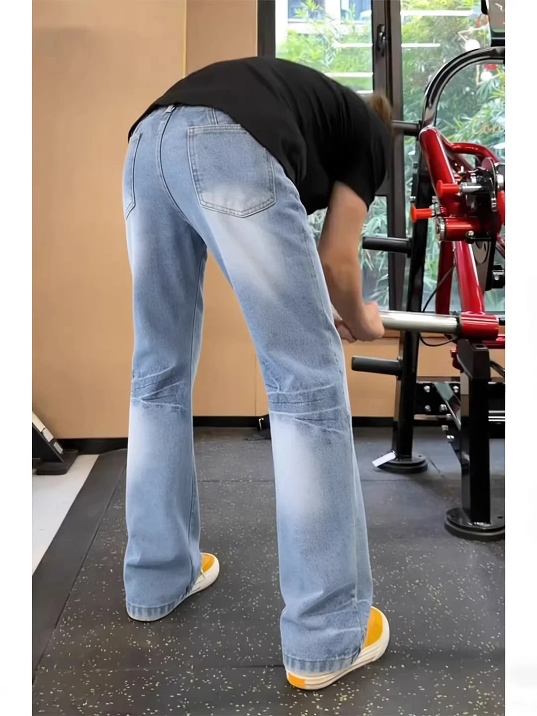 Slim Fit Water Washed Lightning Pattern Jeans Men's Straight Leg Narrow Version Long Leg Effectiveness Jeans Micro Flare
