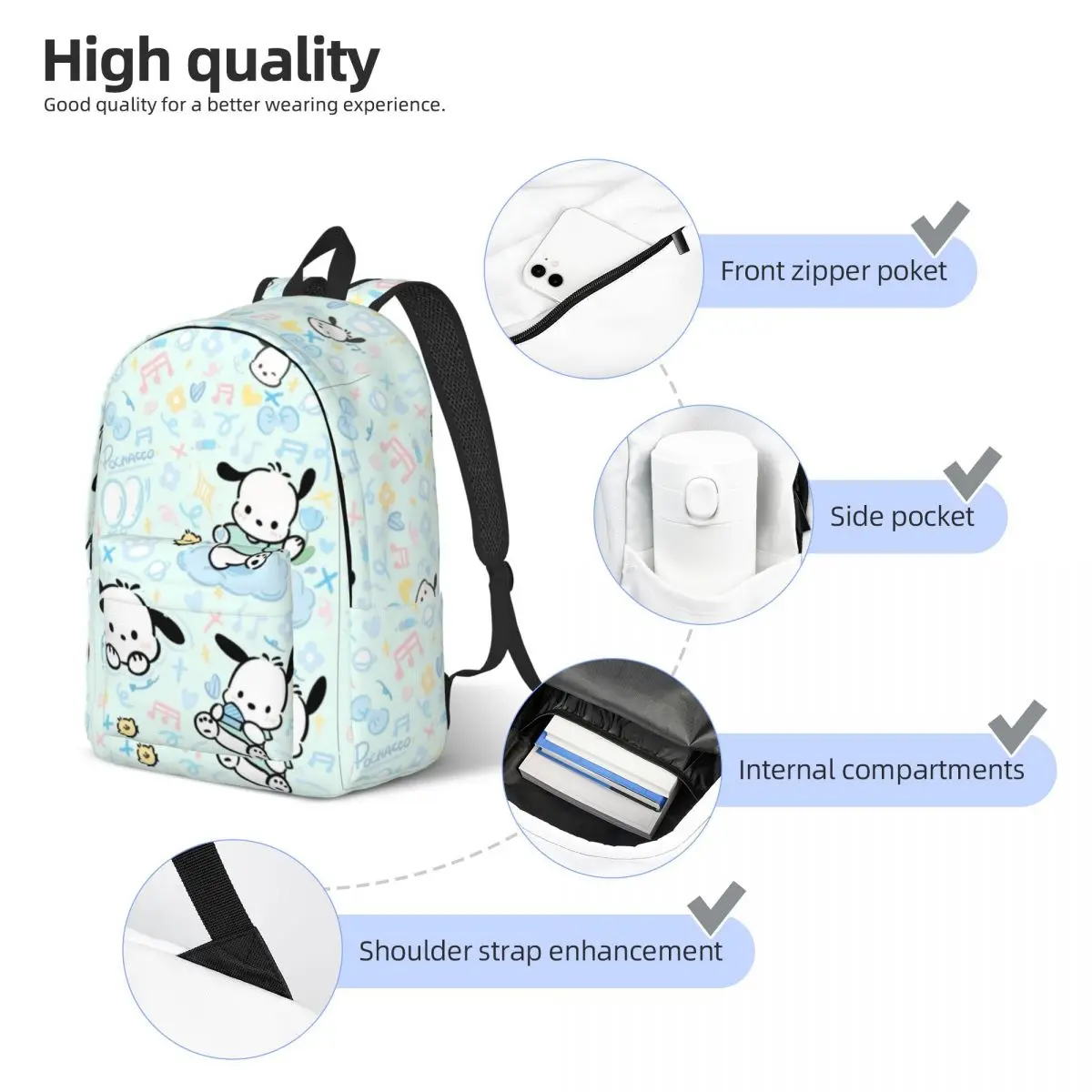 Pochacco Bedrukt Lichtgewicht Casual Schooltas Voor School, Outdoor, Winkelen, Kantoor 15in 17in