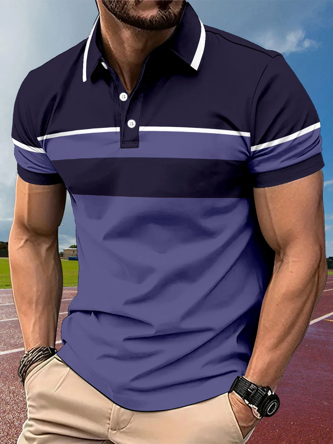 Men's casual striped polo summer fashion short sleeved polo outdoor sports top fashionable color matching