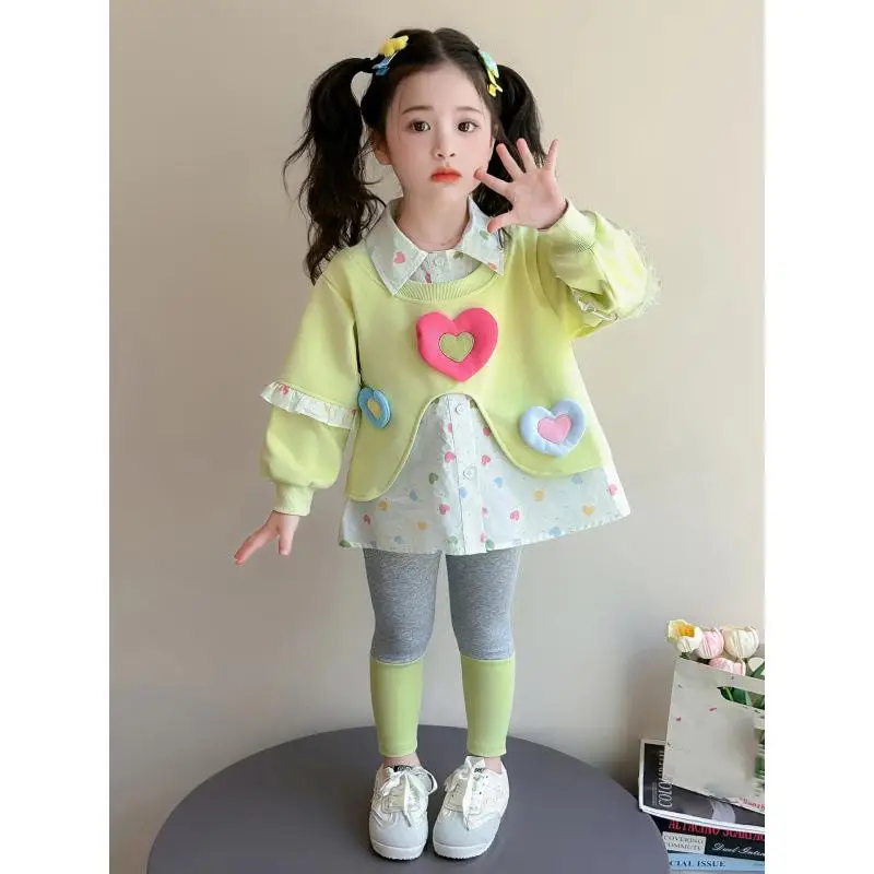 Girls' Collar Long Sleeved T-Shirt Set for Spring and Autumn New Style Shirt Leggings Children's Stylish Casual Two-Piece Set
