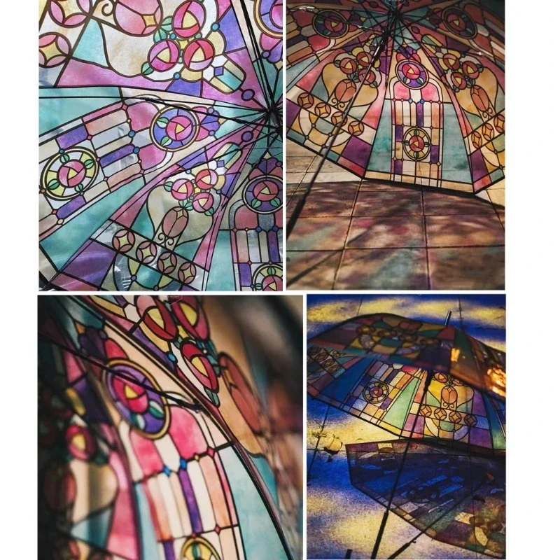 Britischer Wind-Regenwald-Bogen, transparenter Regenschirm, Buntglas, transparenter Regenschirm, langer Griff, automatisch, groß, romantisch, sonnig – Detail 8