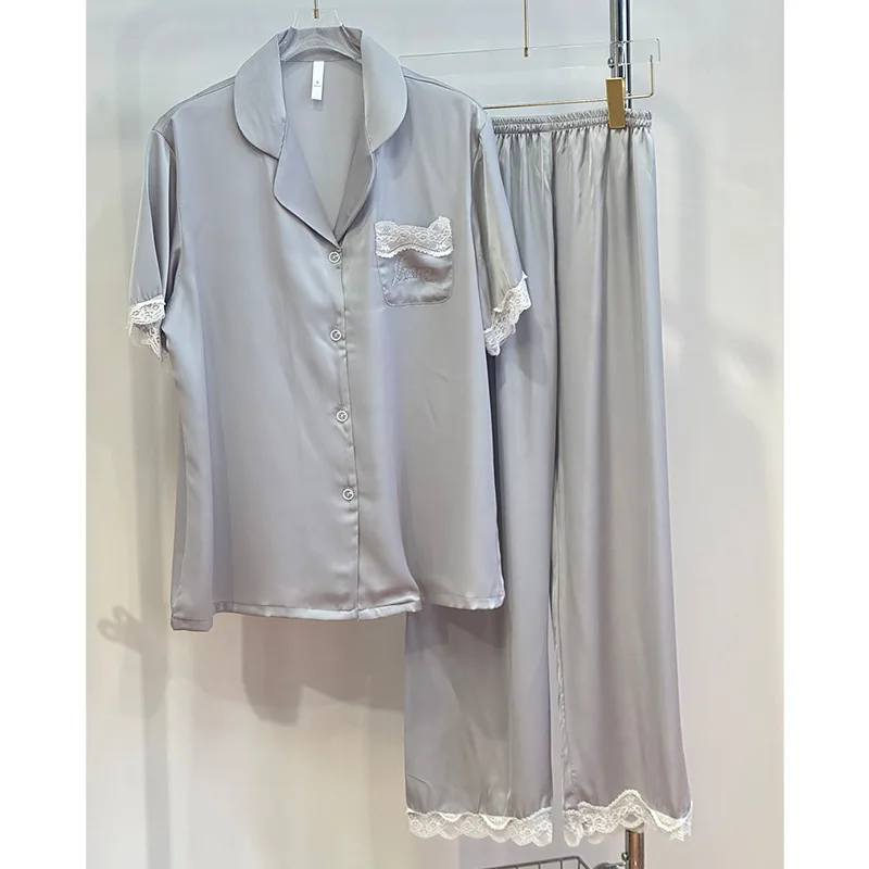Summer High-End Long Short-Sleeved Trousers Double Lace Ice Silk Pajamas Women's Home Service Suit Two-Piece Suit