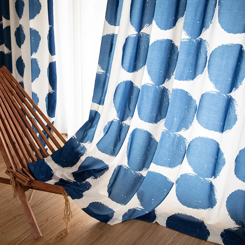 모던 미니멀리스트 귀여운 파란색 물방울 무늬 커튼, 반투명 자외선 차단, 어린이 방 커튼, 면 및 린넨 커튼