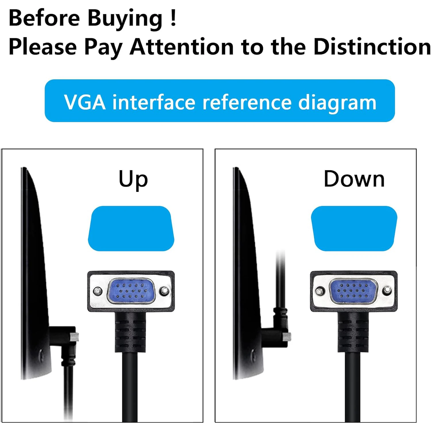 VGA Up Down Side Angled Plug L Shape VGA Cable 1080P Full HD Computer Monitor Cable Male to Female Extende VGA Cord Flat Wire