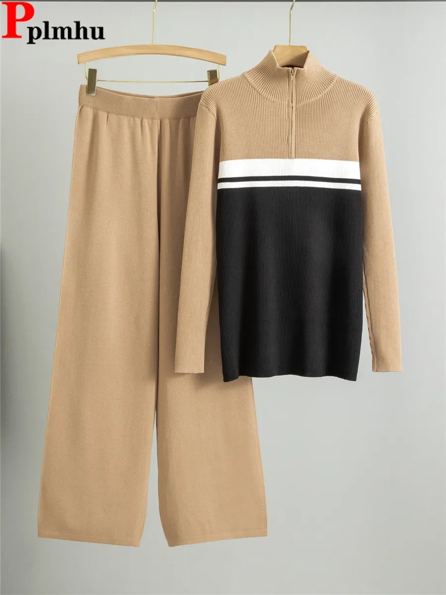 

Women Casual Knitted 2 Piece Sets Korean Zipper Knitwears Sweater Pullover Tops Conjuntos Solid High Waist Wide Leg Pants Outfit