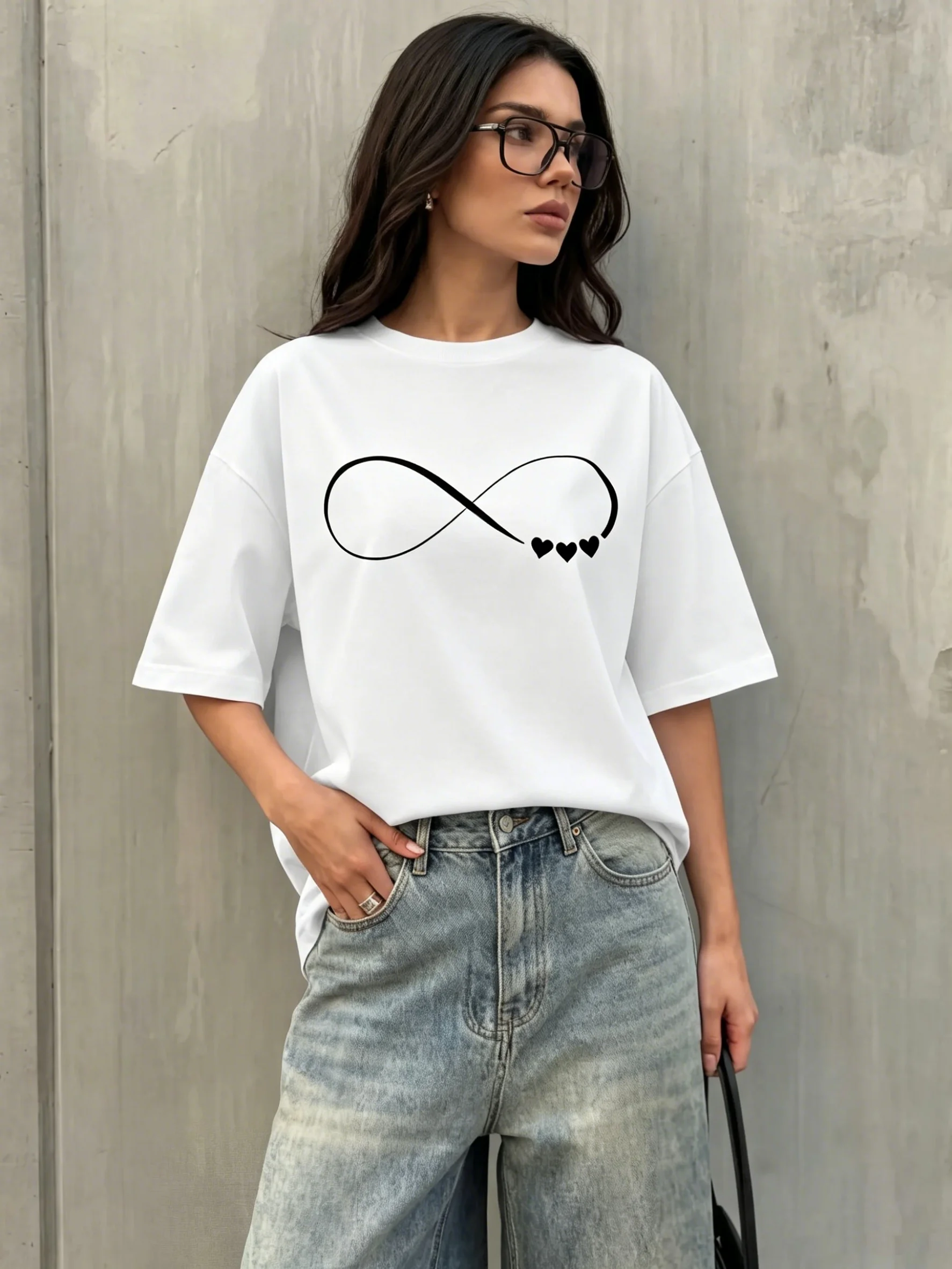 2026 Summer Women's T-shirt with infinity print, stylish loose minimalist tee, trendy streetwear top