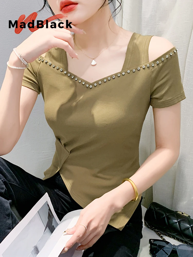 

MadBlack European Clothes T-Shirt Women Sexy Irregular Square Collar Diamonds Slim Tops Short Sleeve Tees Summer T443127JC