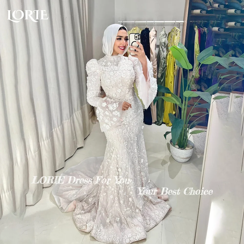 LORIE-vestidos de novia musulmanes de encaje, apliques de cuello alto, manga abombada, vestido de novia de sirena para iglesia, personalizado