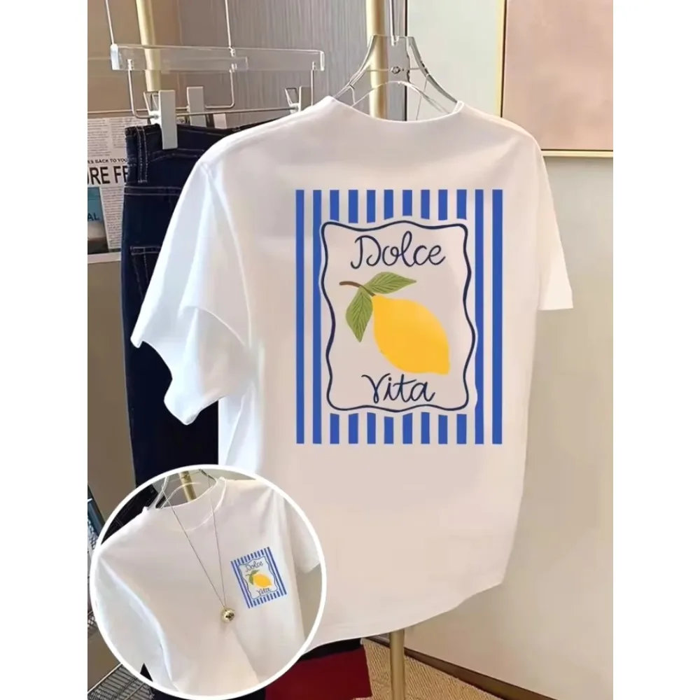 Dolce Vita Lemon Graphic T-Shirt for WomenFront & Back Italian Summer Print Top O-Neck Short Sleeve Daily Casual Cheap Clothes