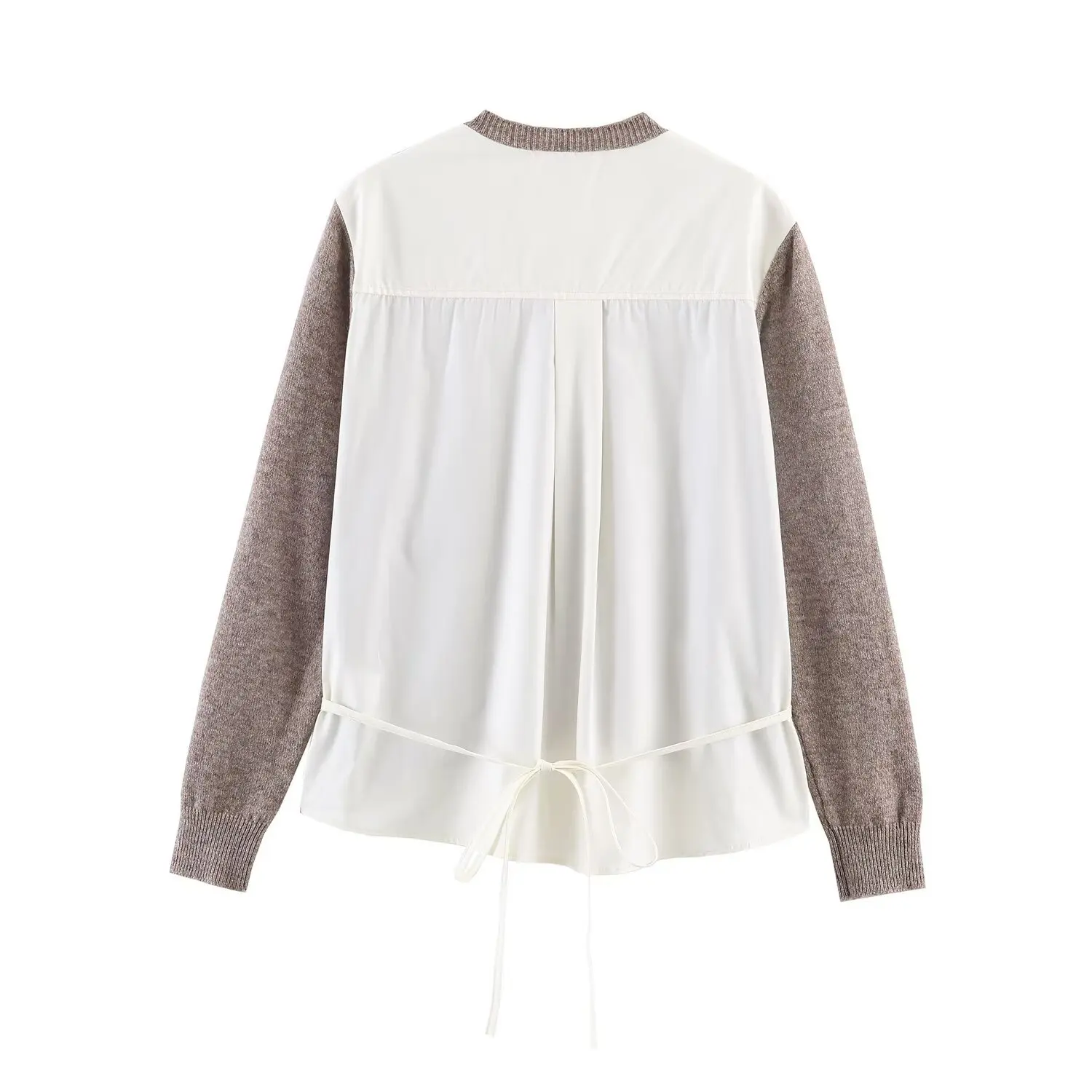 Women's Fashion Patchwork Belted Knit Jacket Coffee Brown V Neck Knit With Casual Long Sleeve Sweater For Women Daily 7MVV