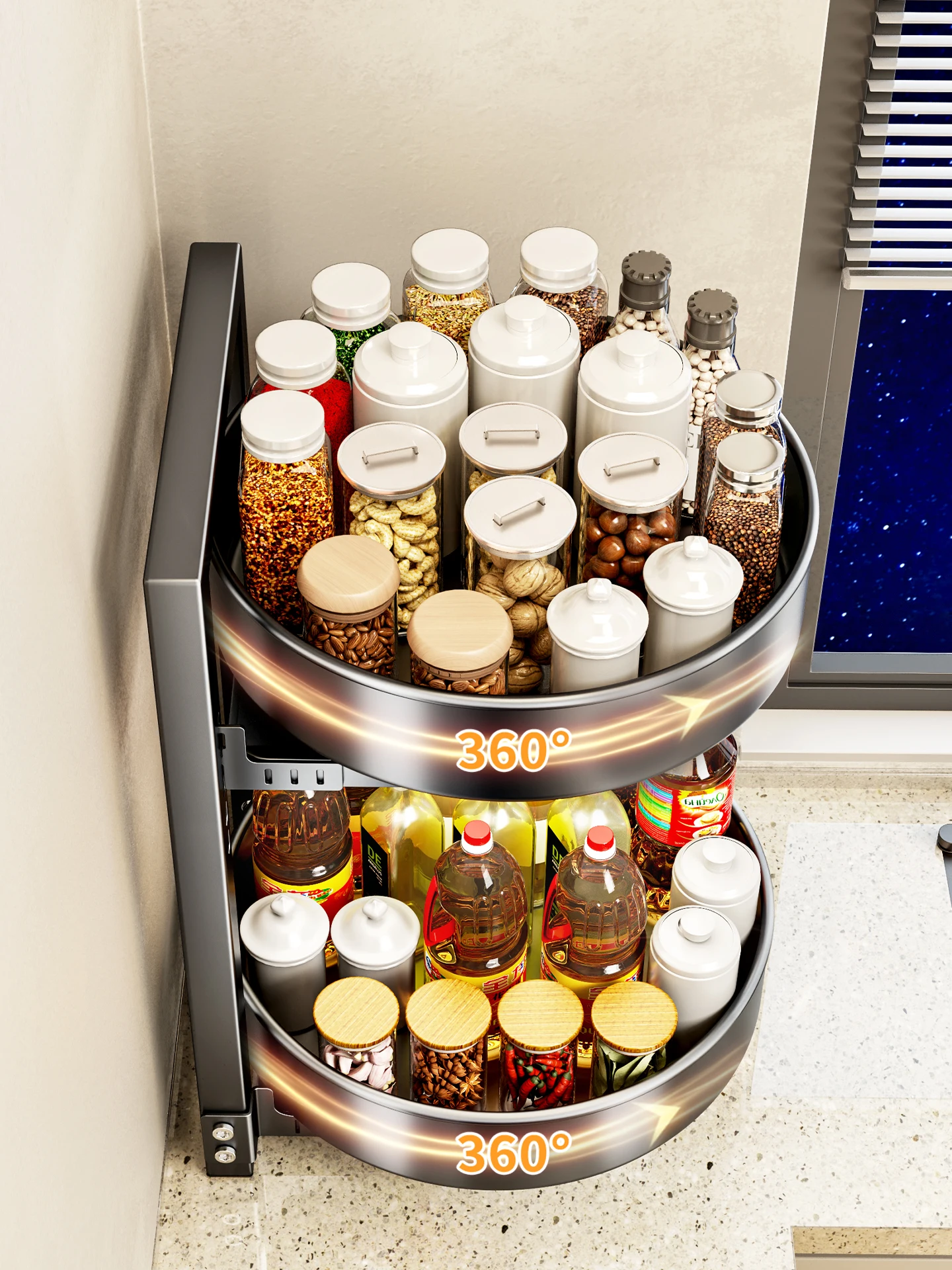 

Adjustable Double Layer Kitchen Spice Storage Ra round Carbon Steel Oil Salt Sauce Vinegar Organizer Desk Corner Decoration
