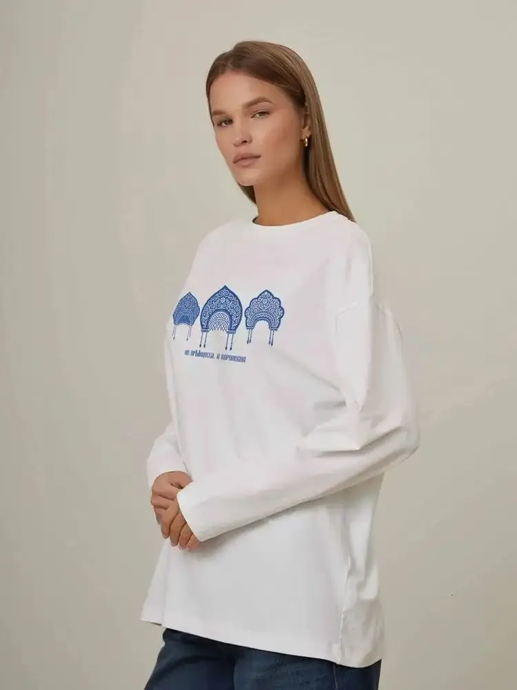 Estilo étnico russo impressão oversized t camisa feminina o pescoço manga longa solto moletom casual estilo russo moda topos 2025