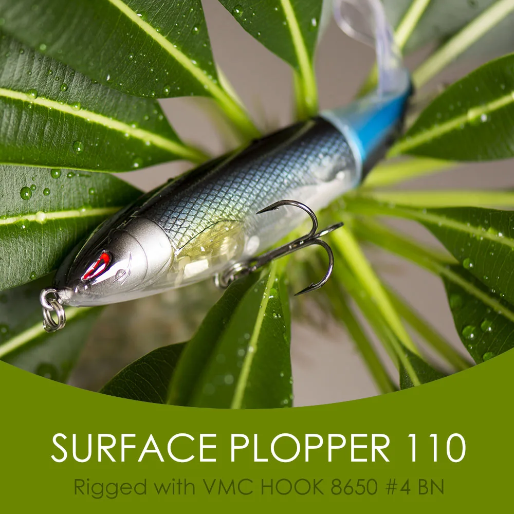 Countbass Surface Whopper Plopper مع خطافات VMC 110 مم 4-21/64 بوصة 19.7 جم 11/16 أونصة، ذيل دوار ناعم للمياه المتذبذبة