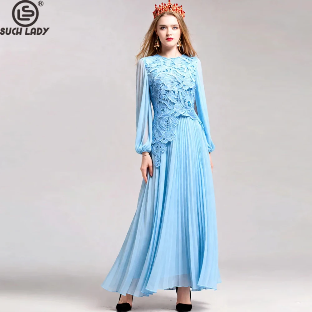 

Women's Light Blue Lace Overlay Pleated Maxi Dress, Long Sleeve Formal Evening Gown with Floral Applique Party Prom Vestido