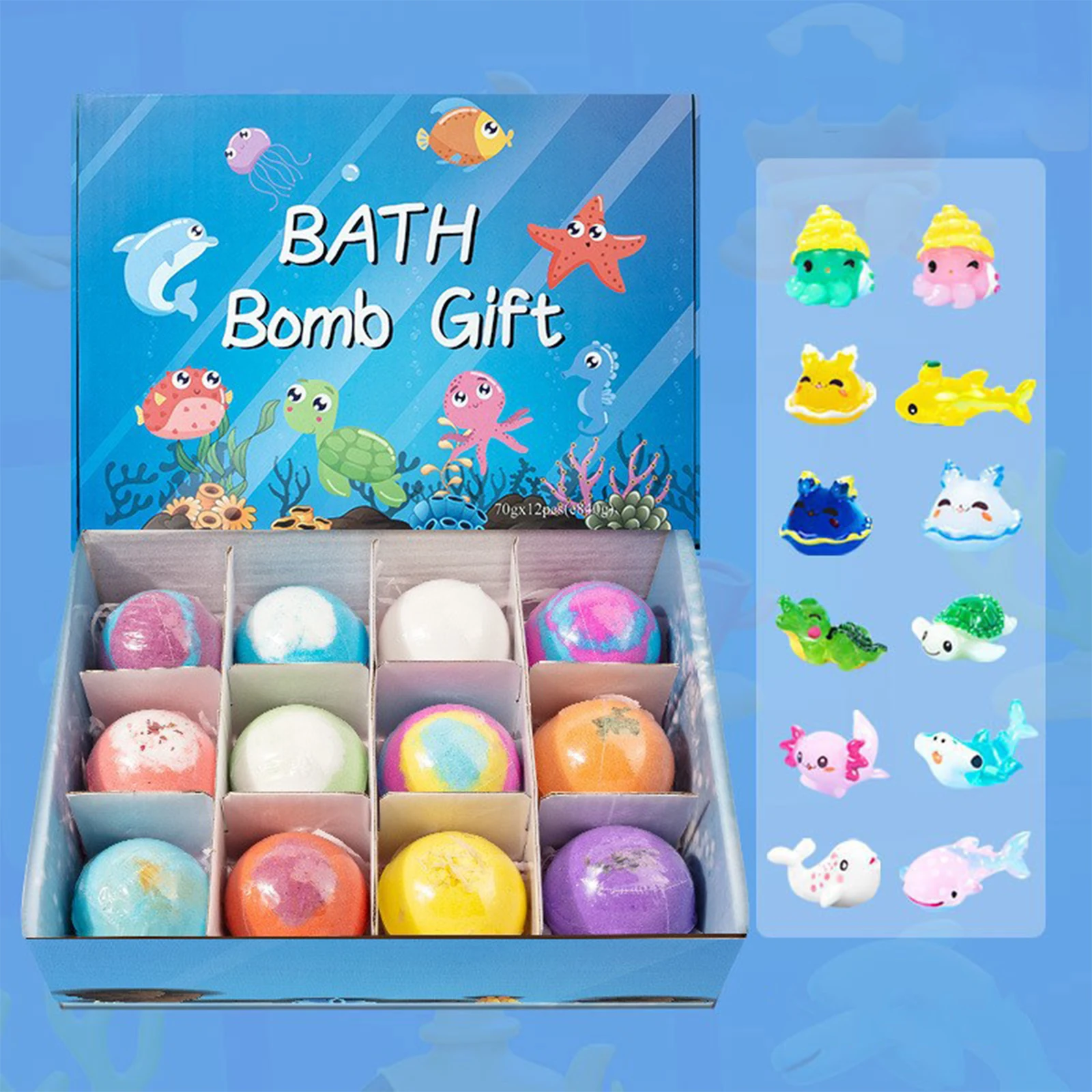 Paquete de 12 Bombas de Baño Sorpresa con Animales Marinos, Set de Regalo con Juguetes, Bombas de Baño Efervescentes con Aceites Esenciales Naturales para Niños, Cumpleaños, Navidad