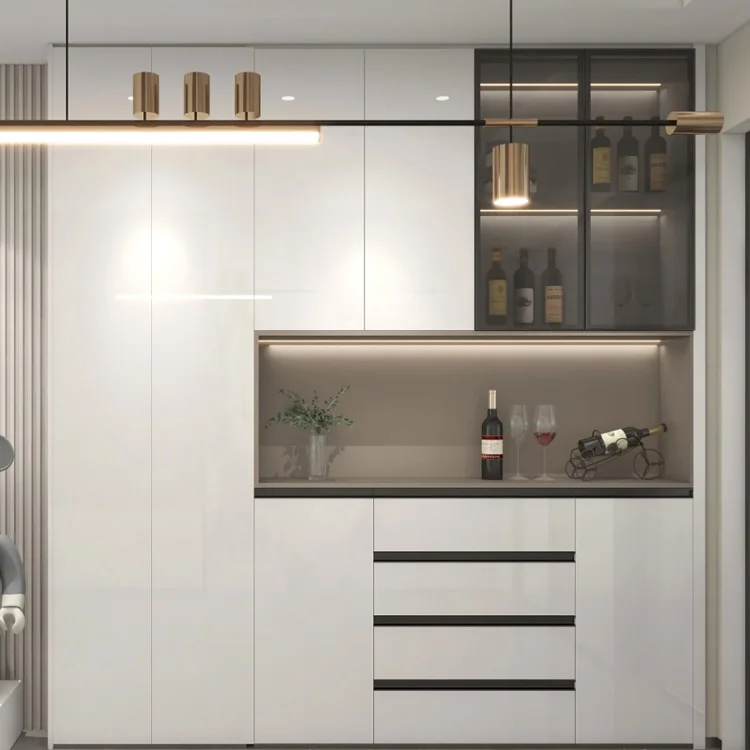 LED Wine Cabinet, Glass Doors, Handleless Drawers, 12-Bottle Capacity, Modern Home Bar Storage, Kitchen Furniture, LED Lighting